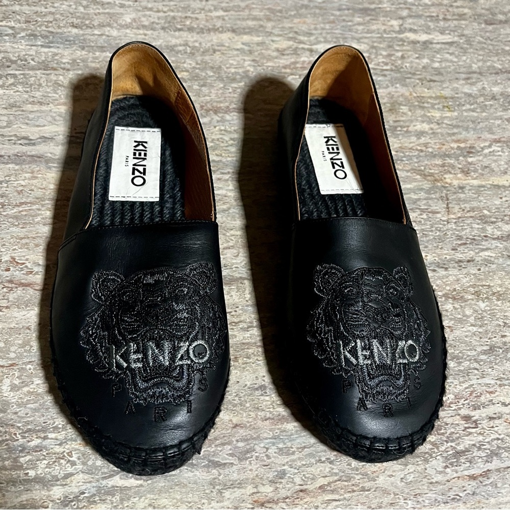 Kenzo Paris Black Leather Tiger Espadrille Slip on Flat Shoes Size 36